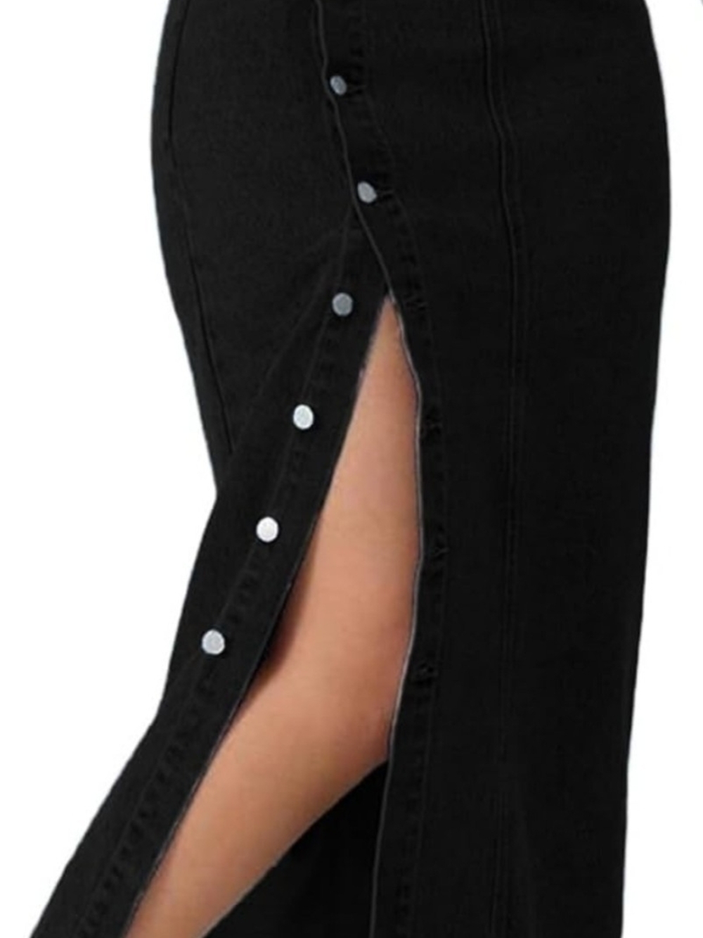 Black Button-Side Maxi Denim Skirt